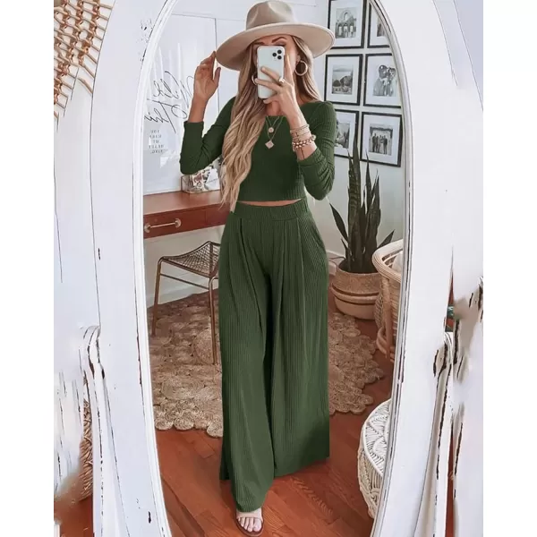 BTFBM Womens Two Piece Lounge Set Long Sleeve Bodycon Ribbed Knit Crop Top Loose Wide Leg Pant Casual Outfits SweatsuitSolid Army Green