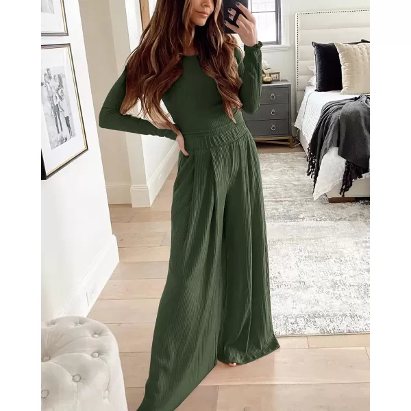 BTFBM Womens Two Piece Lounge Set Long Sleeve Bodycon Ribbed Knit Crop Top Loose Wide Leg Pant Casual Outfits SweatsuitSolid Army Green