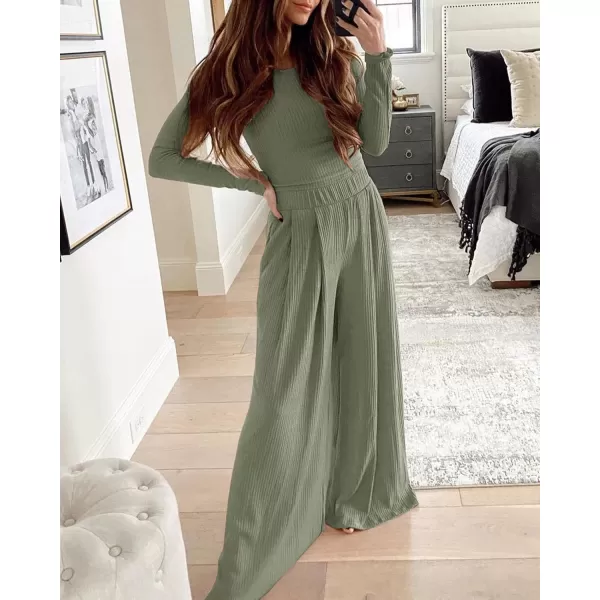 BTFBM Womens Two Piece Lounge Set Long Sleeve Bodycon Ribbed Knit Crop Top Loose Wide Leg Pant Casual Outfits SweatsuitSolid Bean Green