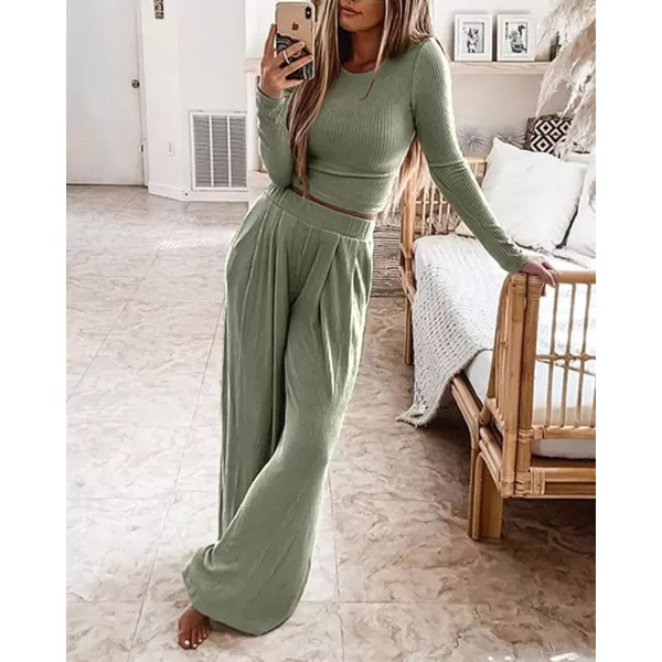 BTFBM Womens Two Piece Lounge Set Long Sleeve Bodycon Ribbed Knit Crop Top Loose Wide Leg Pant Casual Outfits SweatsuitSolid Bean Green