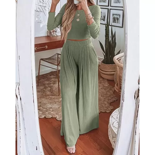 BTFBM Womens Two Piece Lounge Set Long Sleeve Bodycon Ribbed Knit Crop Top Loose Wide Leg Pant Casual Outfits SweatsuitSolid Bean Green