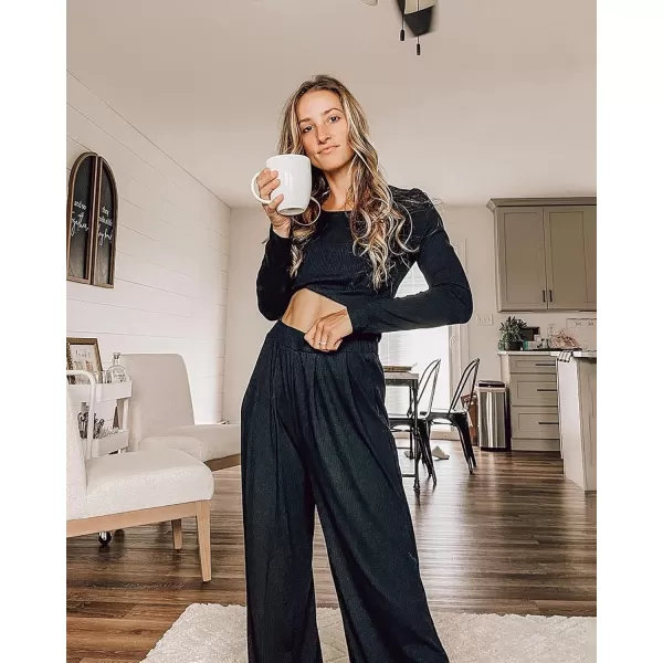 BTFBM Womens Two Piece Lounge Set Long Sleeve Bodycon Ribbed Knit Crop Top Loose Wide Leg Pant Casual Outfits SweatsuitSolid Black