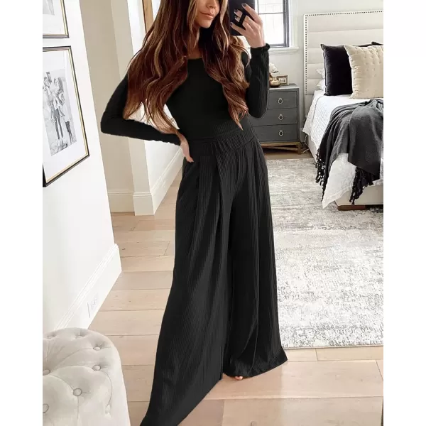 BTFBM Womens Two Piece Lounge Set Long Sleeve Bodycon Ribbed Knit Crop Top Loose Wide Leg Pant Casual Outfits SweatsuitSolid Black