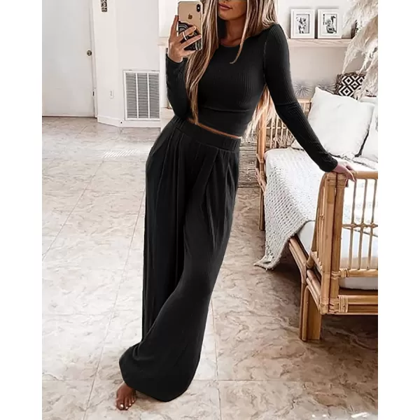 BTFBM Womens Two Piece Lounge Set Long Sleeve Bodycon Ribbed Knit Crop Top Loose Wide Leg Pant Casual Outfits SweatsuitSolid Black