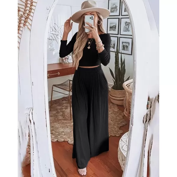 BTFBM Womens Two Piece Lounge Set Long Sleeve Bodycon Ribbed Knit Crop Top Loose Wide Leg Pant Casual Outfits SweatsuitSolid Black