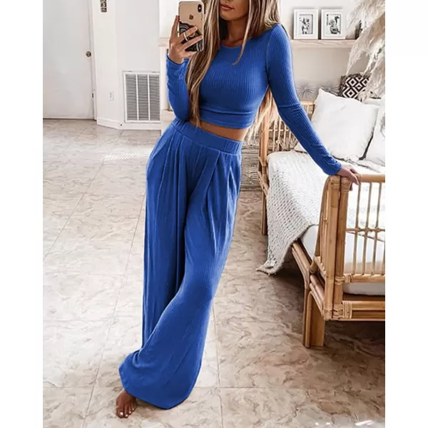BTFBM Womens Two Piece Lounge Set Long Sleeve Bodycon Ribbed Knit Crop Top Loose Wide Leg Pant Casual Outfits SweatsuitSolid Blue