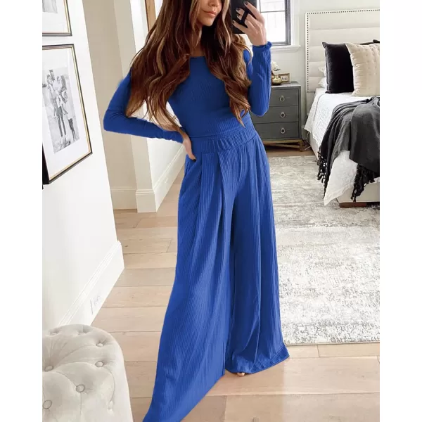 BTFBM Womens Two Piece Lounge Set Long Sleeve Bodycon Ribbed Knit Crop Top Loose Wide Leg Pant Casual Outfits SweatsuitSolid Blue