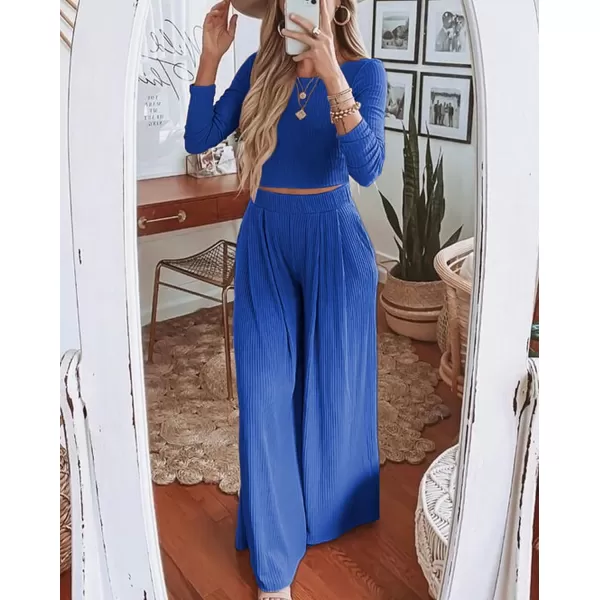 BTFBM Womens Two Piece Lounge Set Long Sleeve Bodycon Ribbed Knit Crop Top Loose Wide Leg Pant Casual Outfits SweatsuitSolid Blue