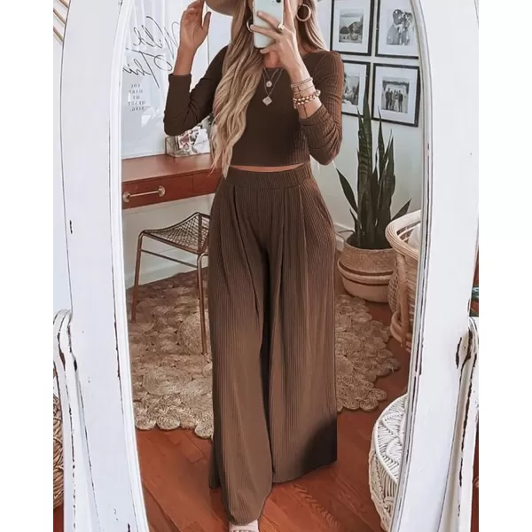 BTFBM Womens Two Piece Lounge Set Long Sleeve Bodycon Ribbed Knit Crop Top Loose Wide Leg Pant Casual Outfits SweatsuitSolid Brown