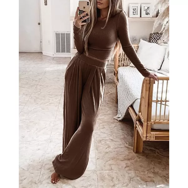 BTFBM Womens Two Piece Lounge Set Long Sleeve Bodycon Ribbed Knit Crop Top Loose Wide Leg Pant Casual Outfits SweatsuitSolid Brown