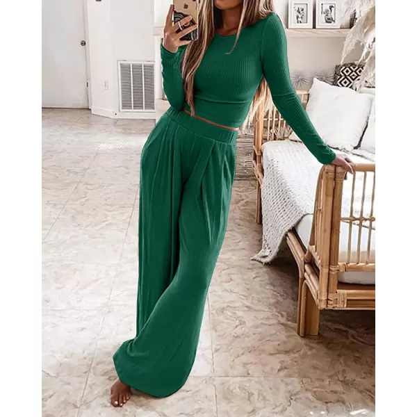 BTFBM Womens Two Piece Lounge Set Long Sleeve Bodycon Ribbed Knit Crop Top Loose Wide Leg Pant Casual Outfits SweatsuitSolid Dark Green