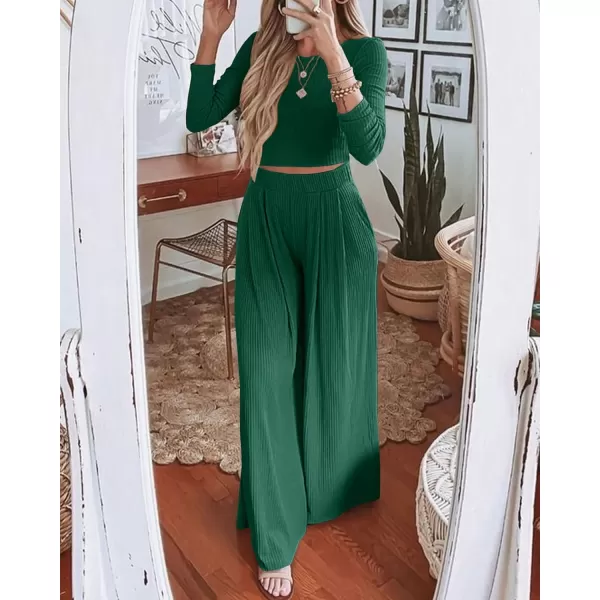 BTFBM Womens Two Piece Lounge Set Long Sleeve Bodycon Ribbed Knit Crop Top Loose Wide Leg Pant Casual Outfits SweatsuitSolid Dark Green
