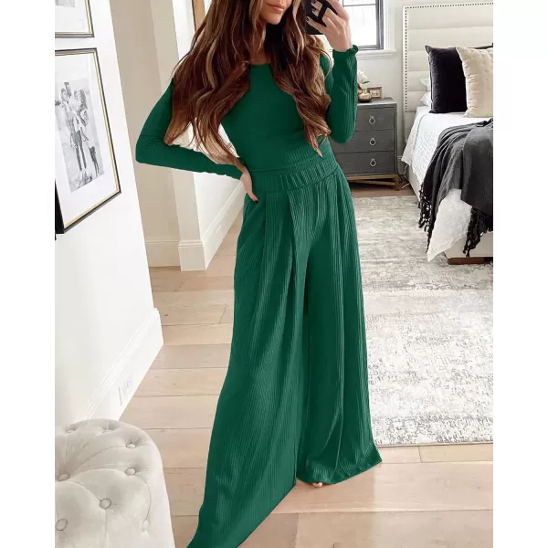 BTFBM Womens Two Piece Lounge Set Long Sleeve Bodycon Ribbed Knit Crop Top Loose Wide Leg Pant Casual Outfits SweatsuitSolid Dark Green