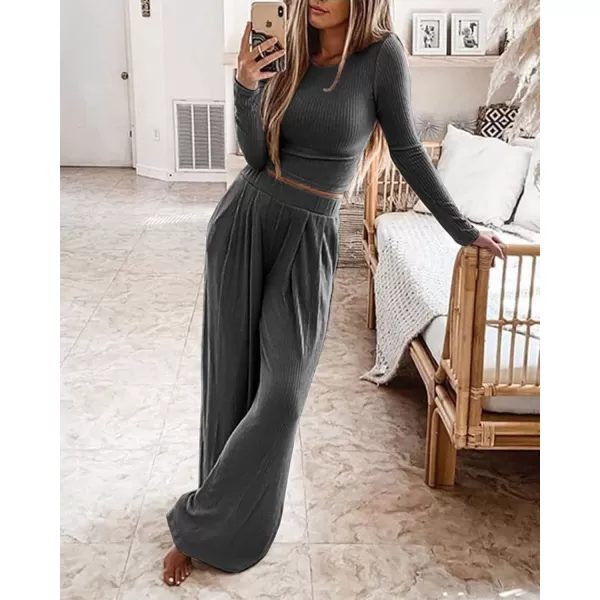 BTFBM Womens Two Piece Lounge Set Long Sleeve Bodycon Ribbed Knit Crop Top Loose Wide Leg Pant Casual Outfits SweatsuitSolid Dark Grey