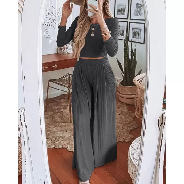 BTFBM Womens Two Piece Lounge Set Long Sleeve Bodycon Ribbed Knit Crop Top Loose Wide Leg Pant Casual Outfits SweatsuitSolid Dark Grey