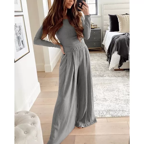 BTFBM Womens Two Piece Lounge Set Long Sleeve Bodycon Ribbed Knit Crop Top Loose Wide Leg Pant Casual Outfits SweatsuitSolid Grey