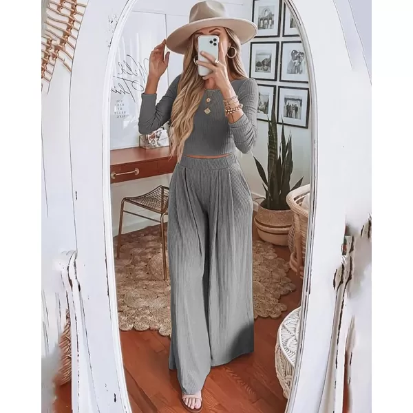BTFBM Womens Two Piece Lounge Set Long Sleeve Bodycon Ribbed Knit Crop Top Loose Wide Leg Pant Casual Outfits SweatsuitSolid Grey