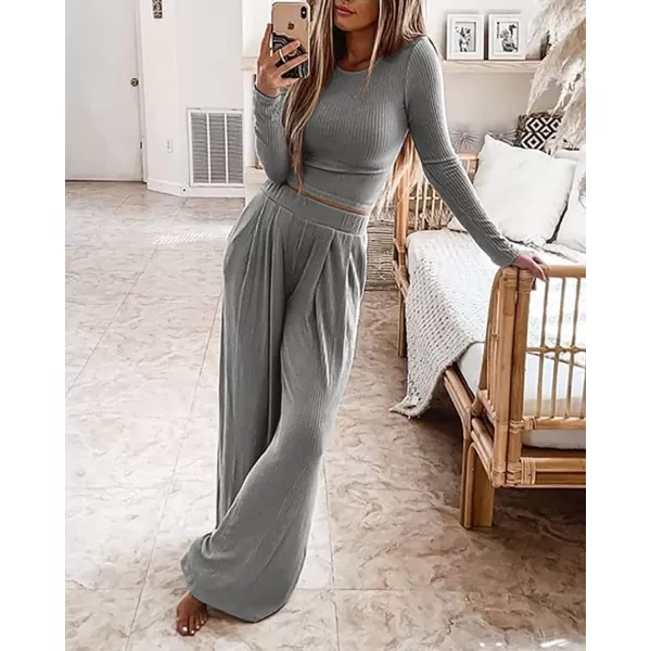 BTFBM Womens Two Piece Lounge Set Long Sleeve Bodycon Ribbed Knit Crop Top Loose Wide Leg Pant Casual Outfits SweatsuitSolid Grey