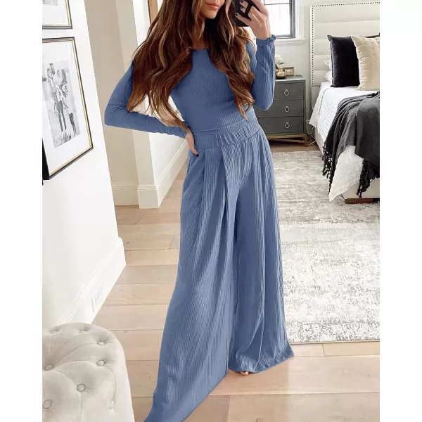 BTFBM Womens Two Piece Lounge Set Long Sleeve Bodycon Ribbed Knit Crop Top Loose Wide Leg Pant Casual Outfits SweatsuitSolid Grey Blue