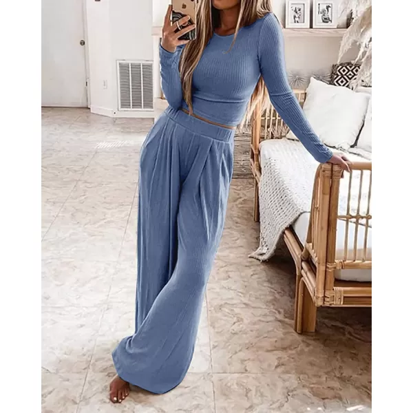 BTFBM Womens Two Piece Lounge Set Long Sleeve Bodycon Ribbed Knit Crop Top Loose Wide Leg Pant Casual Outfits SweatsuitSolid Grey Blue
