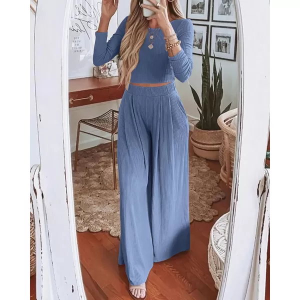BTFBM Womens Two Piece Lounge Set Long Sleeve Bodycon Ribbed Knit Crop Top Loose Wide Leg Pant Casual Outfits SweatsuitSolid Grey Blue