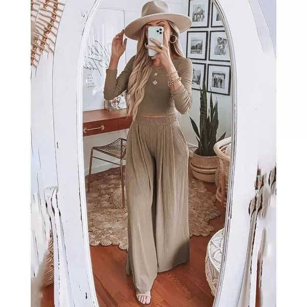 BTFBM Womens Two Piece Lounge Set Long Sleeve Bodycon Ribbed Knit Crop Top Loose Wide Leg Pant Casual Outfits SweatsuitSolid Khaki