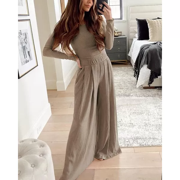 BTFBM Womens Two Piece Lounge Set Long Sleeve Bodycon Ribbed Knit Crop Top Loose Wide Leg Pant Casual Outfits SweatsuitSolid Khaki