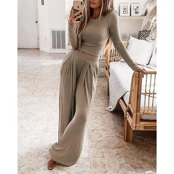 BTFBM Womens Two Piece Lounge Set Long Sleeve Bodycon Ribbed Knit Crop Top Loose Wide Leg Pant Casual Outfits SweatsuitSolid Khaki