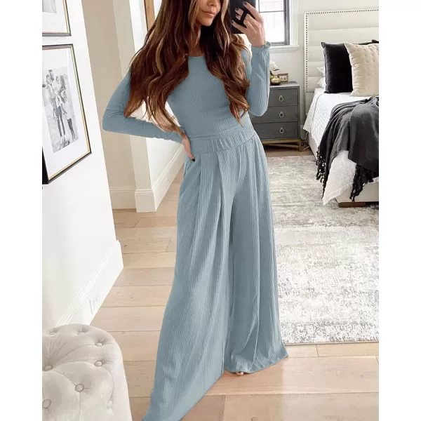 BTFBM Womens Two Piece Lounge Set Long Sleeve Bodycon Ribbed Knit Crop Top Loose Wide Leg Pant Casual Outfits SweatsuitSolid Light Blue