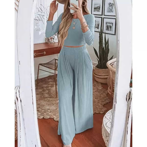 BTFBM Womens Two Piece Lounge Set Long Sleeve Bodycon Ribbed Knit Crop Top Loose Wide Leg Pant Casual Outfits SweatsuitSolid Light Blue