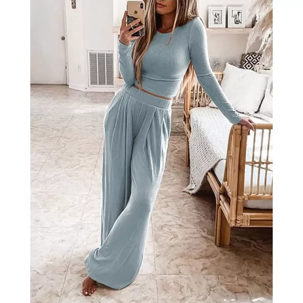 BTFBM Womens Two Piece Lounge Set Long Sleeve Bodycon Ribbed Knit Crop Top Loose Wide Leg Pant Casual Outfits SweatsuitSolid Light Blue