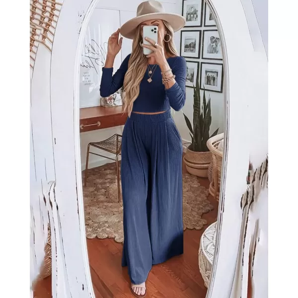BTFBM Womens Two Piece Lounge Set Long Sleeve Bodycon Ribbed Knit Crop Top Loose Wide Leg Pant Casual Outfits SweatsuitSolid Navy