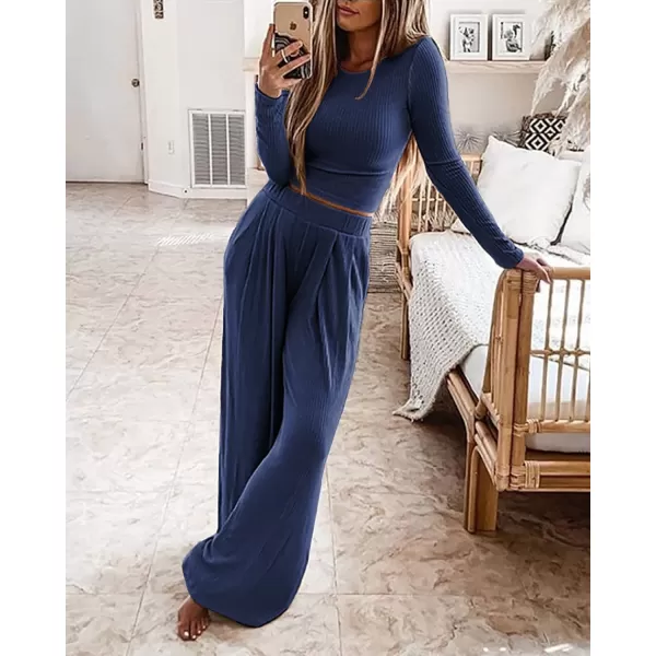 BTFBM Womens Two Piece Lounge Set Long Sleeve Bodycon Ribbed Knit Crop Top Loose Wide Leg Pant Casual Outfits SweatsuitSolid Navy