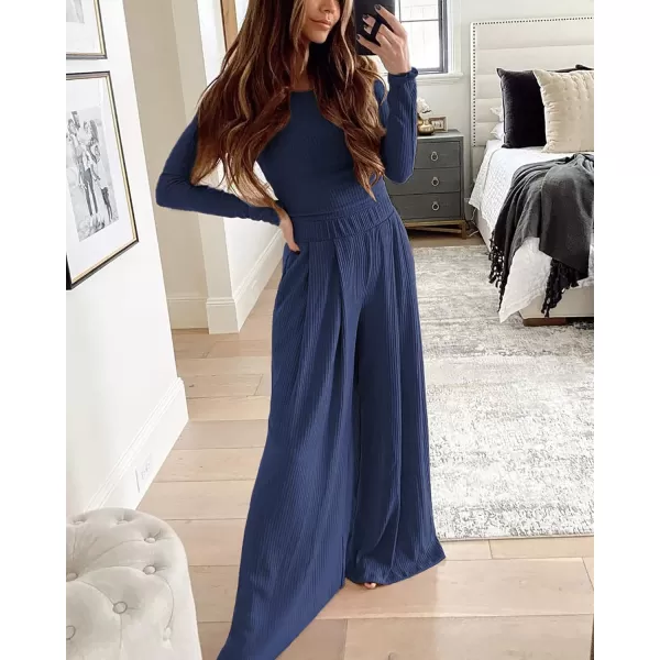 BTFBM Womens Two Piece Lounge Set Long Sleeve Bodycon Ribbed Knit Crop Top Loose Wide Leg Pant Casual Outfits SweatsuitSolid Navy
