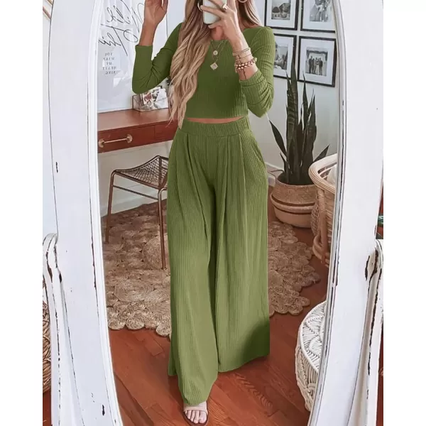 BTFBM Womens Two Piece Lounge Set Long Sleeve Bodycon Ribbed Knit Crop Top Loose Wide Leg Pant Casual Outfits SweatsuitSolid Olive Green