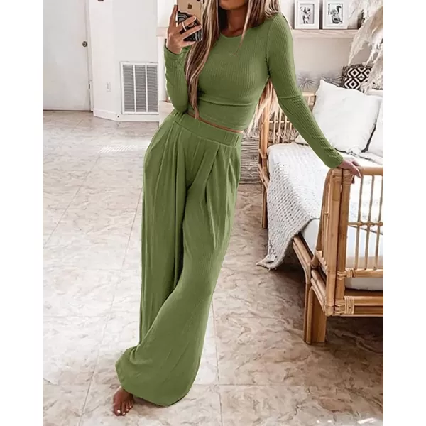 BTFBM Womens Two Piece Lounge Set Long Sleeve Bodycon Ribbed Knit Crop Top Loose Wide Leg Pant Casual Outfits SweatsuitSolid Olive Green
