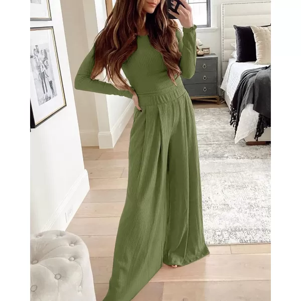 BTFBM Womens Two Piece Lounge Set Long Sleeve Bodycon Ribbed Knit Crop Top Loose Wide Leg Pant Casual Outfits SweatsuitSolid Olive Green
