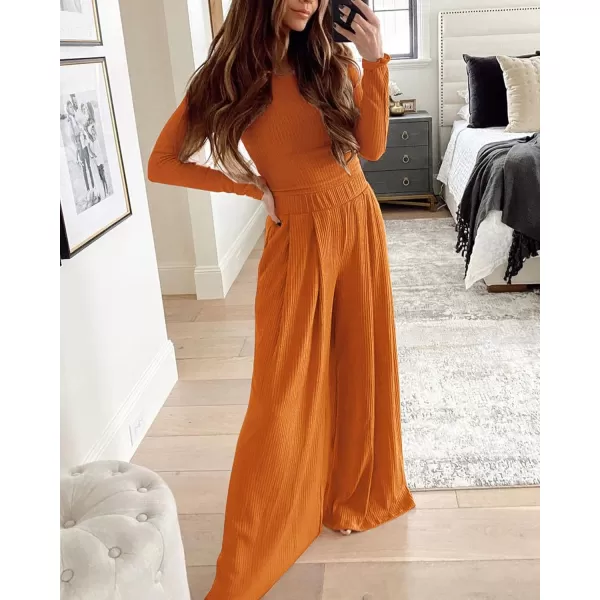 BTFBM Womens Two Piece Lounge Set Long Sleeve Bodycon Ribbed Knit Crop Top Loose Wide Leg Pant Casual Outfits SweatsuitSolid Orange