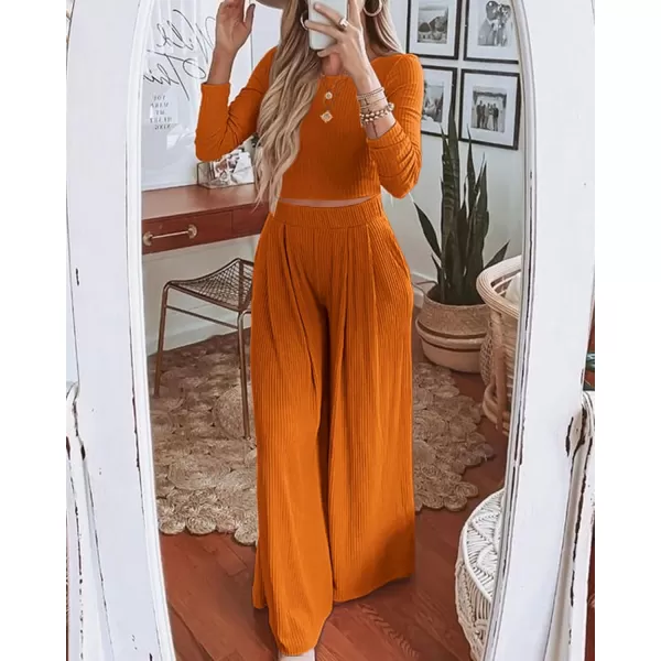 BTFBM Womens Two Piece Lounge Set Long Sleeve Bodycon Ribbed Knit Crop Top Loose Wide Leg Pant Casual Outfits SweatsuitSolid Orange