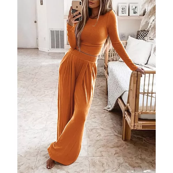 BTFBM Womens Two Piece Lounge Set Long Sleeve Bodycon Ribbed Knit Crop Top Loose Wide Leg Pant Casual Outfits SweatsuitSolid Orange