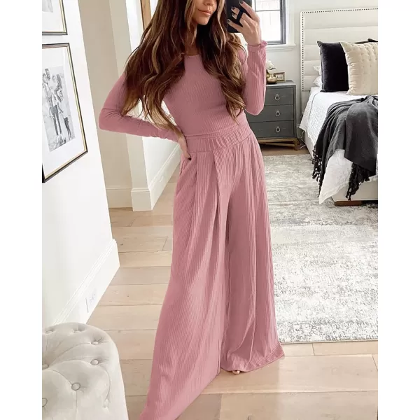 BTFBM Womens Two Piece Lounge Set Long Sleeve Bodycon Ribbed Knit Crop Top Loose Wide Leg Pant Casual Outfits SweatsuitSolid Pink