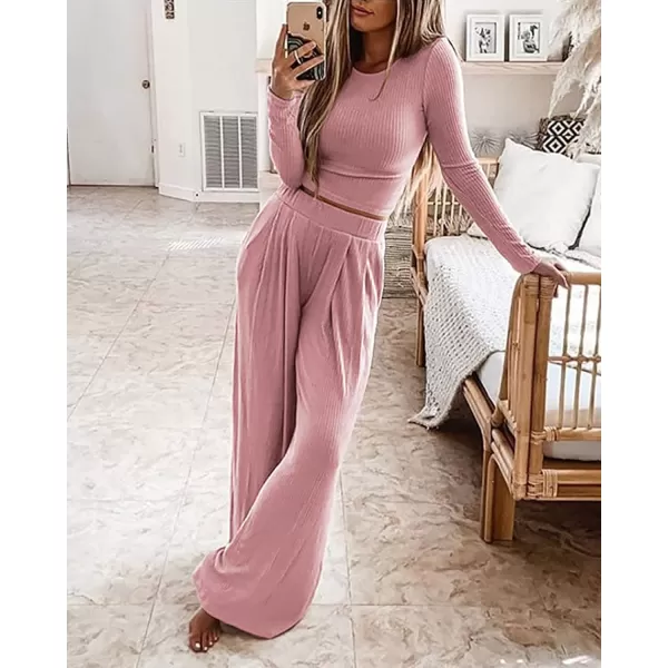 BTFBM Womens Two Piece Lounge Set Long Sleeve Bodycon Ribbed Knit Crop Top Loose Wide Leg Pant Casual Outfits SweatsuitSolid Pink