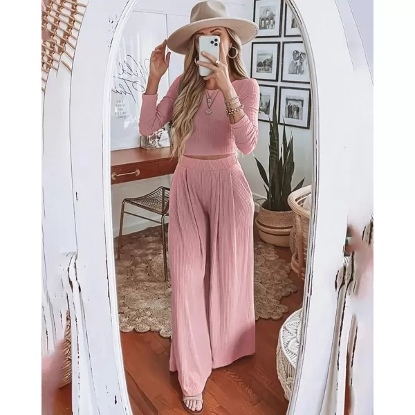 BTFBM Womens Two Piece Lounge Set Long Sleeve Bodycon Ribbed Knit Crop Top Loose Wide Leg Pant Casual Outfits SweatsuitSolid Pink