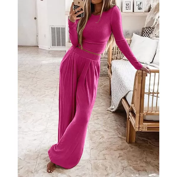 BTFBM Womens Two Piece Lounge Set Long Sleeve Bodycon Ribbed Knit Crop Top Loose Wide Leg Pant Casual Outfits SweatsuitSolid Rose Red