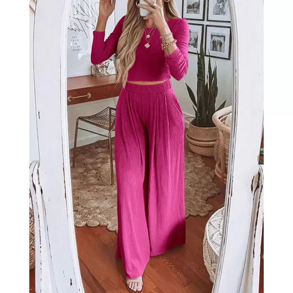BTFBM Womens Two Piece Lounge Set Long Sleeve Bodycon Ribbed Knit Crop Top Loose Wide Leg Pant Casual Outfits SweatsuitSolid Rose Red