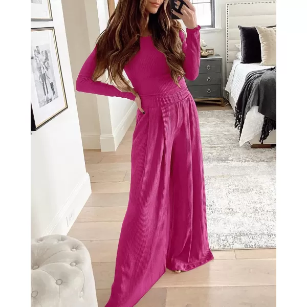 BTFBM Womens Two Piece Lounge Set Long Sleeve Bodycon Ribbed Knit Crop Top Loose Wide Leg Pant Casual Outfits SweatsuitSolid Rose Red