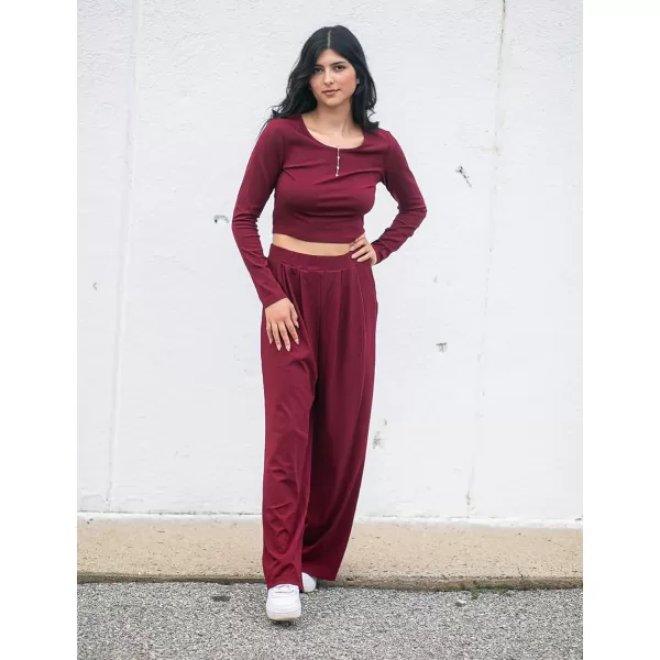 BTFBM Womens Two Piece Lounge Set Long Sleeve Bodycon Ribbed Knit Crop Top Loose Wide Leg Pant Casual Outfits SweatsuitSolid Wine Red