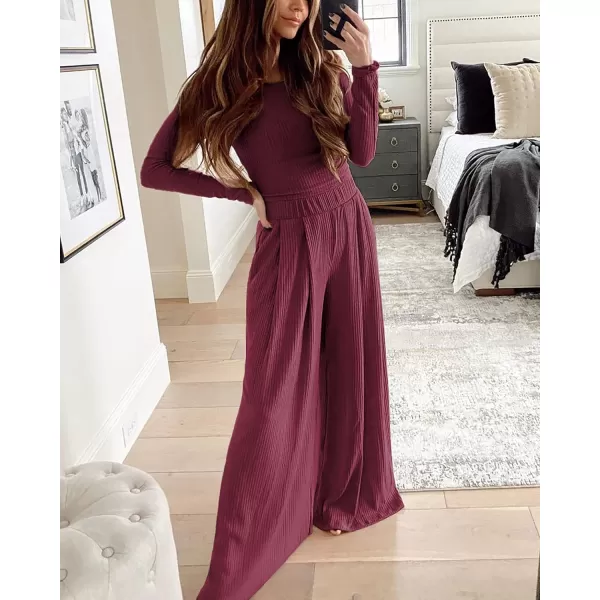 BTFBM Womens Two Piece Lounge Set Long Sleeve Bodycon Ribbed Knit Crop Top Loose Wide Leg Pant Casual Outfits SweatsuitSolid Wine Red