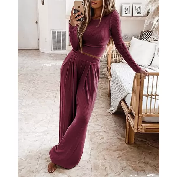BTFBM Womens Two Piece Lounge Set Long Sleeve Bodycon Ribbed Knit Crop Top Loose Wide Leg Pant Casual Outfits SweatsuitSolid Wine Red