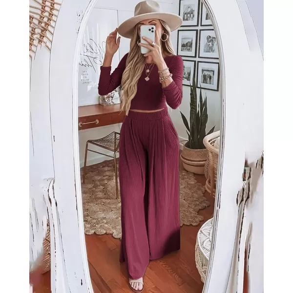 BTFBM Womens Two Piece Lounge Set Long Sleeve Bodycon Ribbed Knit Crop Top Loose Wide Leg Pant Casual Outfits SweatsuitSolid Wine Red